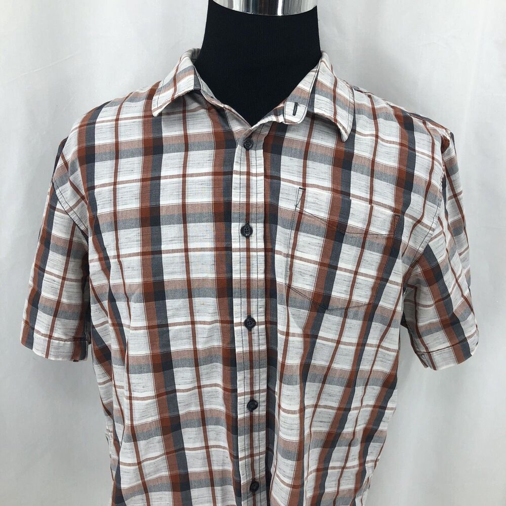 prAna Tamarack Rust Red Brown Plaid Button Short Sleeve Camp Shirt M1TAMR116 XL